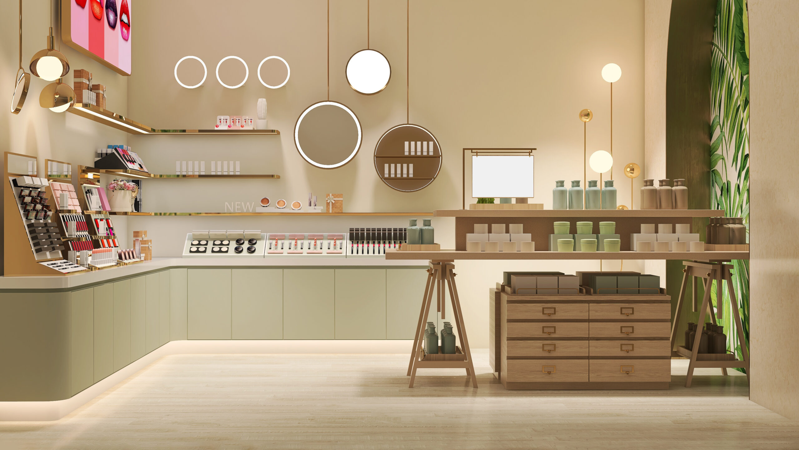 Interior of a beauty retail brick and mortar store with elegant product display.