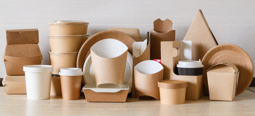 Hero image of paper eco-friendly disposable dishes and packaging for restaurants.